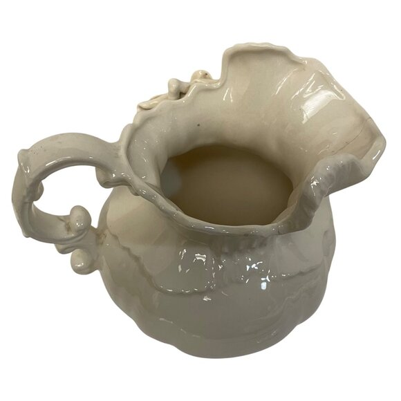 Vintage Ivory Ceramic Pitcher With Floral Accent Ornate Handle 8" x 8" Read - Picture 7 of 15